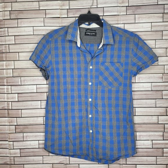 Kenneth Cole Men's Button Up Plaid Blue/Grey Short Sleeve Shirt Size: XL - Picture 1 of 13